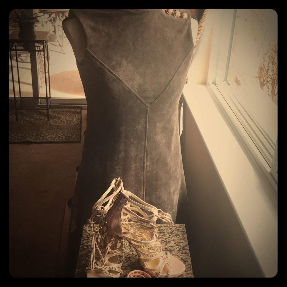 I T Faux Suede shift dress rose Gold buttons.